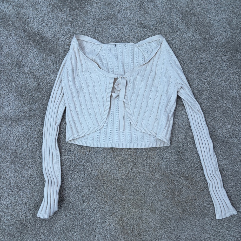 Cropped Rib-Knit Tie Front Cardigan - Cream